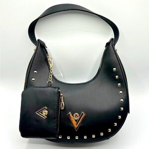 NWT Valentino Orlandi Black Gold Vegan Leather Crescent Shoulder Bag Wallet $189